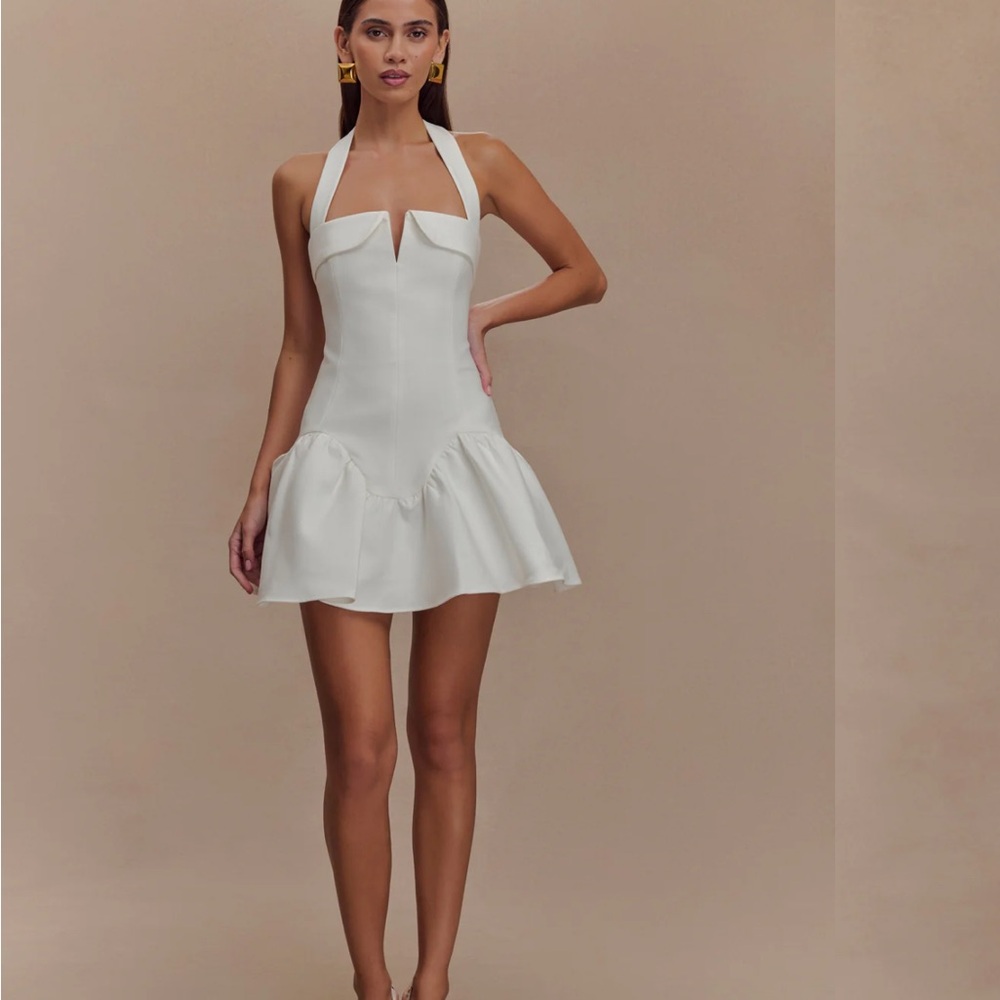 Meshki White Halter Notch Ruffle Mini Dress